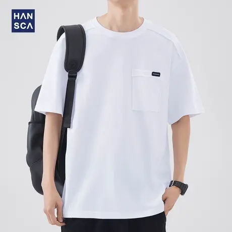 hansca 圆领短袖T恤男夏季新款日系复古拼接水洗大码宽松休闲上衣商品大图