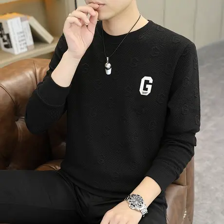 长袖T恤男秋装2023新款潮流时尚帅气提花圆领卫衣打底衫潮牌男装商品大图