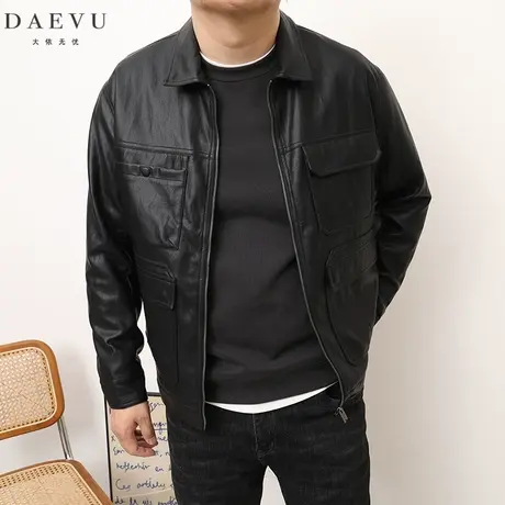 DAEVU春秋新款帅气潮胖子大号加肥加大码男士短款翻领PU夹克皮衣商品大图