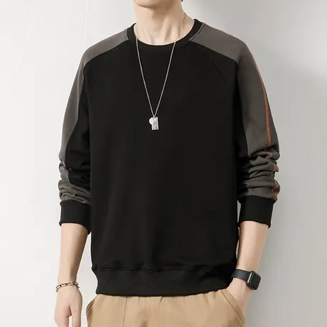 男生高级感痞帅圆领卫衣秋季男士撞色高街重磅长袖上衣春秋款男装图片