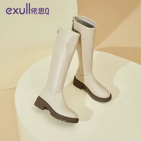 依思Q纯色高筒女靴2023年秋冬季新款粗跟复古风设计感女士时装靴商品大图