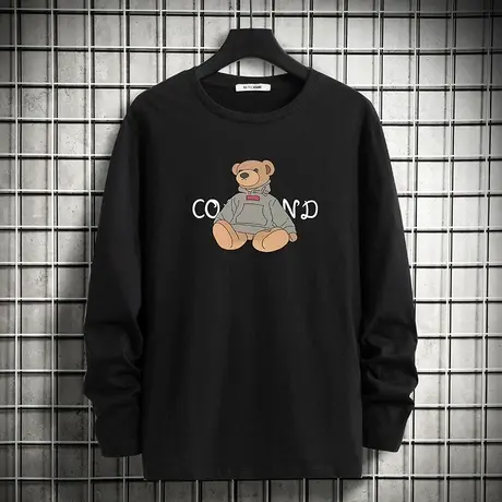 纯棉长袖t恤男装宽松黑色上衣服内搭打底衫秋衣小衫小熊全棉体恤商品大图