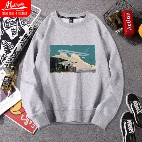 灰色卫衣男圆领秋冬季港风潮流ins长袖无帽上衣流行时尚插画宽松图片