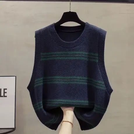 圆领大码针织马甲背心女2023秋装新款宽松外穿马夹条纹厚毛衣坎肩商品大图