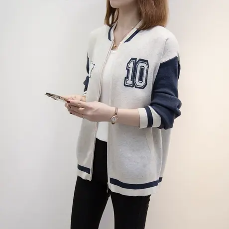 拼色针织开衫女2023秋装新款宽松慵懒风外穿上衣棒球服毛衣外套潮图片