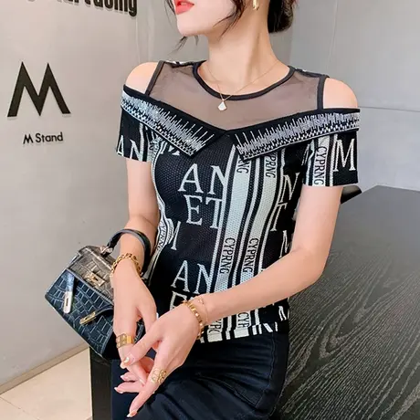 性感网纱拼接上衣女夏季时尚洋气印花T恤短袖重工烫钻露肩小衫ins商品大图