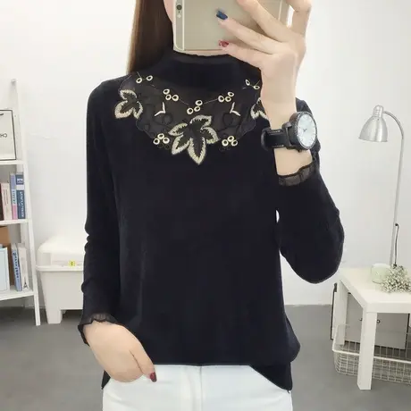 天鹅绒2022秋冬新款蕾丝拼接半高领加厚套头毛衣女内搭针织打底衫商品大图