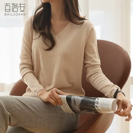 百洛安设计感小众V领针织打底衫女秋季新款百搭纯色套头毛衣上衣商品大图