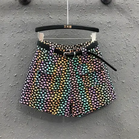 2023夏季新款七彩花色牛仔短裤女时尚韩版高腰宽松显瘦阔腿裤热裤商品大图