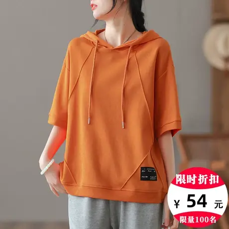 dza复古连帽t恤女士夏季2023新款漂亮上衣宽松打底衫薄款短袖体恤商品大图