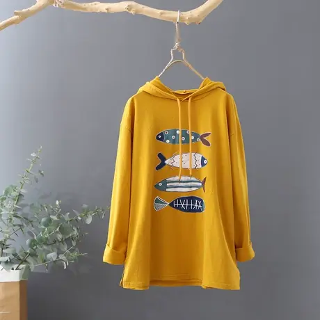 连帽T恤女小鱼印花体恤2023年春季新款长袖宽松上衣套头打底衫潮图片