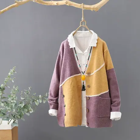 秋季新款外套开衫针织毛衣女长袖文艺拼色V领宽松短款女装针织衫图片