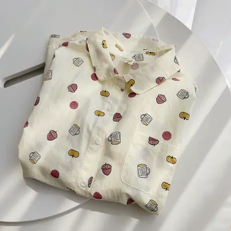 夏季文艺小清新可爱减龄印花纯棉短袖衬衫女学生宽松百搭半袖上衣商品大图