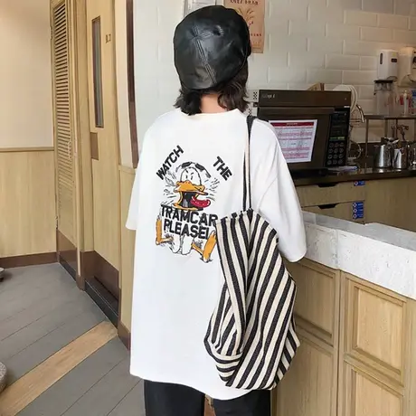 欧货大版短袖t恤女ins潮2019韩版宽松中长款百搭慵懒风丧系上衣服商品大图