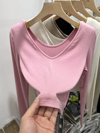 短款高腰V领垫肩长袖T恤女2023春装新款柔软修身体恤打底小衫上衣商品大图