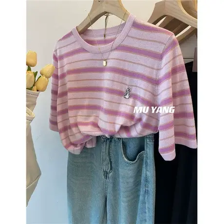 细腻轻柔~胸口刺绣小兔子细羊毛条纹薄款针织衫短袖百搭上衣女潮图片