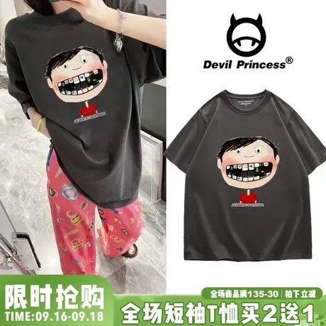 古着感ins风宽松深灰色短袖t恤女2023春夏新款ulzzang纯棉上衣潮商品大图