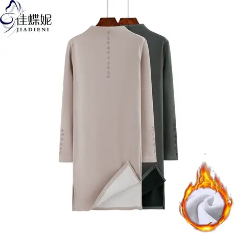 冬季半高领保暖修身韩版打底连衣裙长袖加绒加厚开叉中长款女装商品大图