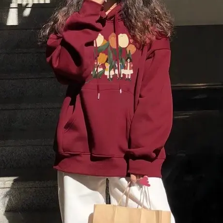 酒红色高级感卫衣女小个子秋冬加绒加厚连帽大码小众设计外套上衣商品大图