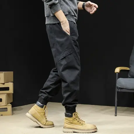 拼接休闲裤男士秋季2023新款潮牌束脚宽松大码秋款黑色工装裤子男商品大图