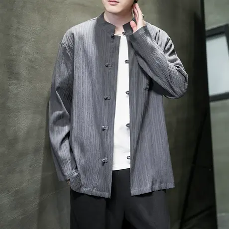 2023春秋男士长袖衬衫休闲加肥加大码中国风男装盘扣复古棉麻衬衣商品大图