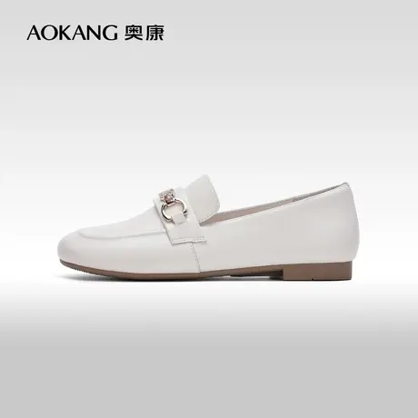 【门店发货】奥康女鞋 2024春季新款真皮百搭乐福鞋金属装饰单鞋图片