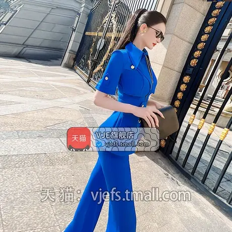 VJE夏季帅气修身正装职业套装女新款西装高腰喇叭裤两件套图片
