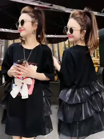 韩版复古卡通印花立体蝴蝶结t恤连衣裙女夏季中长款宽松显瘦上衣商品大图