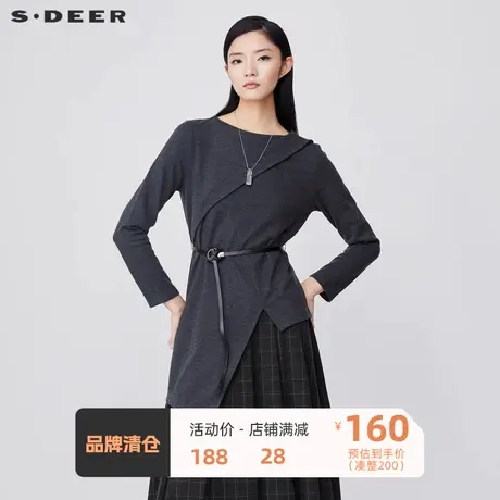 sdeer圣迪奥女装时尚圆领不规则拼接收腰长袖T恤S21480211🍠图片