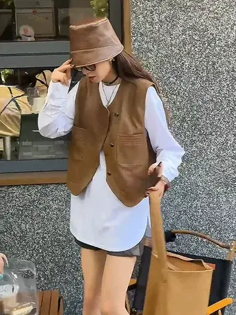 气质皮衣马甲女春秋装2023年新款时尚休闲百搭pu皮外套马夹欧货潮图片