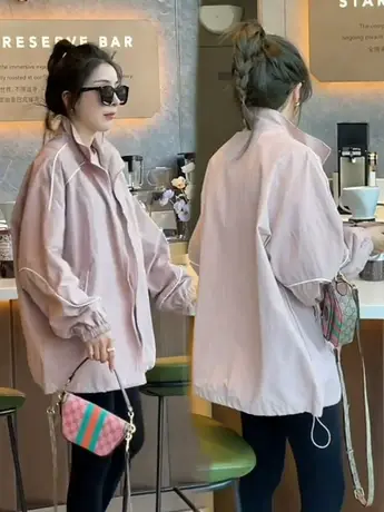 拼色明线立领长袖冲锋衣女2023春秋季新款宽松拉链运动服短外套潮商品大图