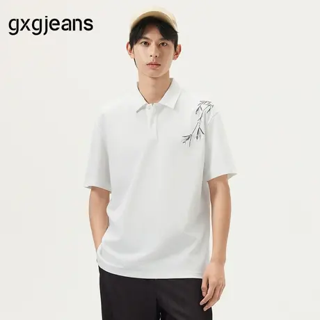 gxg.jeans男装 白色新中式质感绣花翻领短袖t恤polo衫 25年夏新品图片