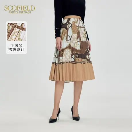Scofield女装设计感印花褶皱半身裙优雅柔美裙子秋季短裙图片