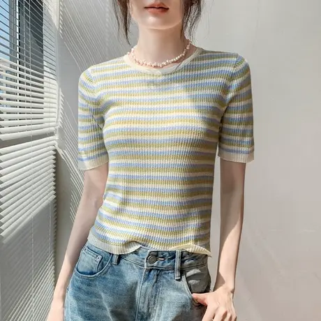 条纹短袖针织衫女2024夏季新款修身显瘦多巴胺穿搭设计感小众上衣商品大图