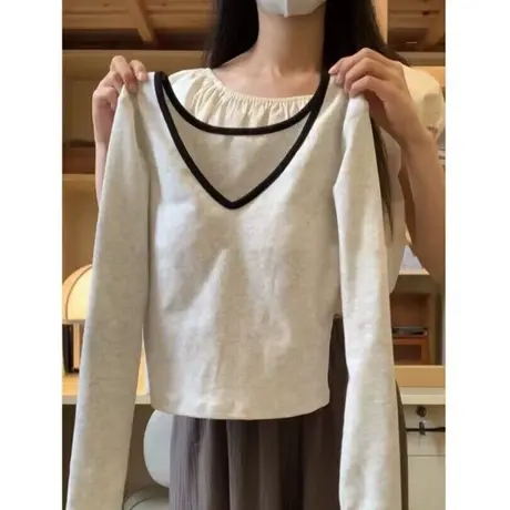 V领带胸垫打底衫女内搭春秋2023新款小个子短款长袖T恤修身上衣服商品大图