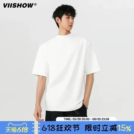 VIISHOWcleanfit小领口正肩短袖t恤男夏美式重磅半高领宽松半袖衫商品大图
