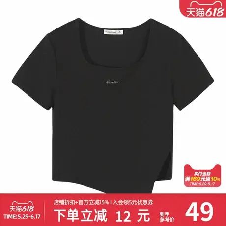 美特斯邦威T恤女夏季时尚方领开衩纯色简约舒适短袖上衣商品大图