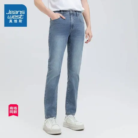 JW真维斯男装裤子2025春季新款 7安薄款特深蓝弹力雨纹牛仔长裤男图片