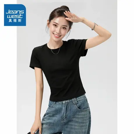 KMV真维斯黑色圆领紧身短袖女2025夏季新款柔软弹力修身女款上衣商品大图
