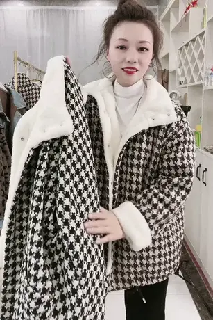 千鸟格子羊羔毛绒加厚外套女冬季百搭韩版宽松复古棉衣2023年新款图片