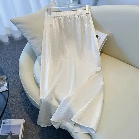 拉夏贝尔松紧腰后开叉直筒半身裙2025奢华高端裙缎面醋酸设计裙子图片