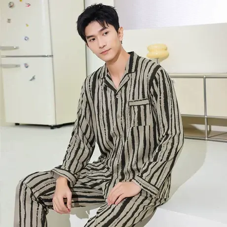 秋鹿网红爆款【5A抑菌】纯棉睡衣条纹印花夏薄款男长袖家居服套装商品大图