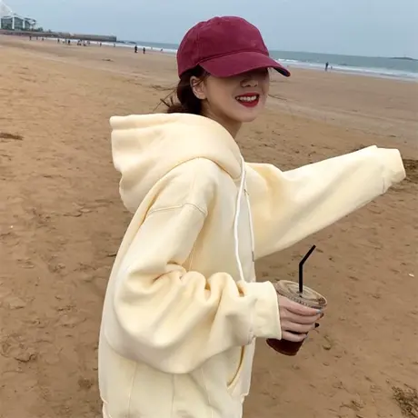 vintage美式大码纯色卫衣女高级感宽松帽衫拉链外套潮ins加绒上衣商品大图