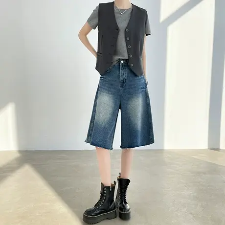 港风牛仔六分阔腿短裤女夏季新款高腰宽松bf风毛边直筒五分中裤子图片