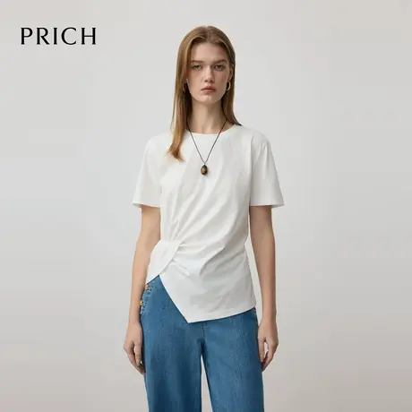 【超能小太阳】PRICH时尚设计感抽褶短袖T恤2025夏新款收腰上衣女图片