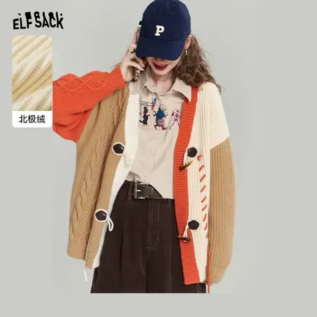 妖精的口袋复古慵懒风毛衣开衫女2023秋季新款撞色小个子宽松上衣商品大图