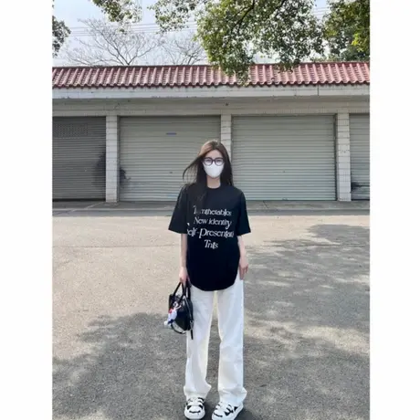美式设计感宽松休闲字母印花白色短袖圆领落肩t恤小众上衣女潮夏商品大图
