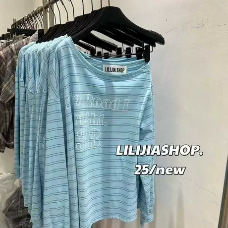 韩国东大门2025秋季新款韩版时尚百搭斜肩条纹长袖T恤女宽松上衣商品大图