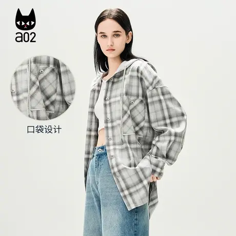 a02【ET自然系列】黑白格子衬衣女2025春季新款连帽气质衬衣外套图片