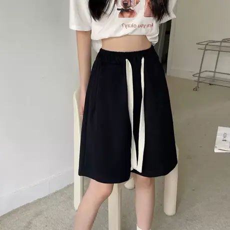 黑色直筒五分裤女夏季百搭韩版高腰抽绳bf原宿风运动休闲短裤子潮图片
